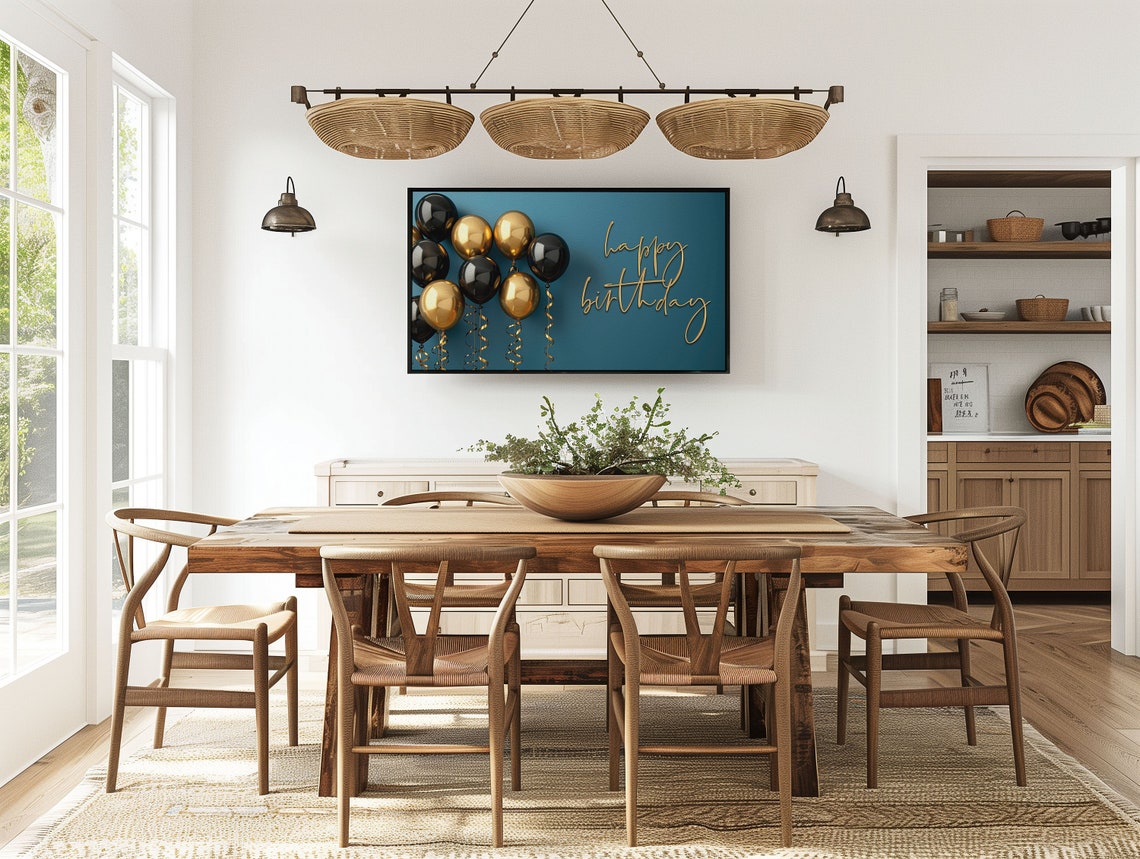 Gold Script Happy Birthday Black Gold Balloons Teal Wall TV Art Poster - Image 2