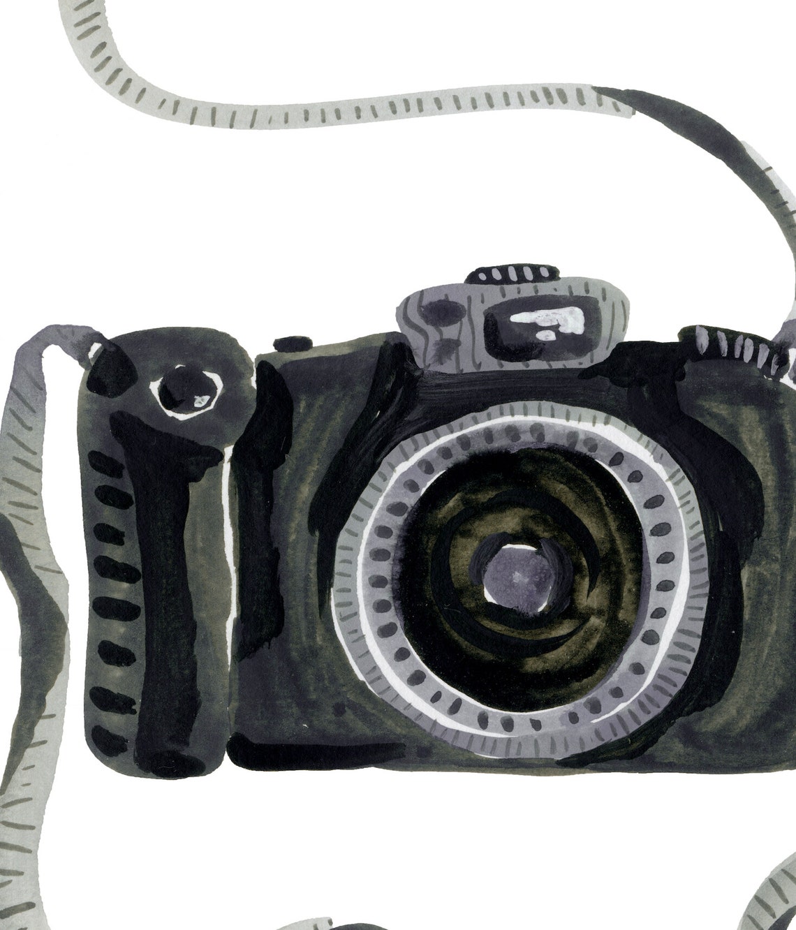 Black Watercolor Camera With Strap Photographer Retro Wall Art Print