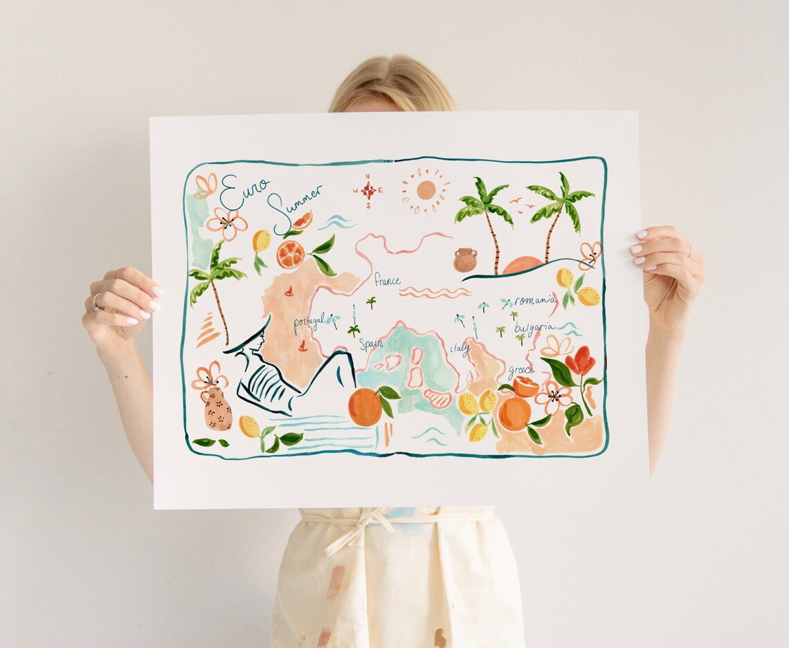 Euro Summer Map Art Print, Abstract Gouache Painting - Image 3