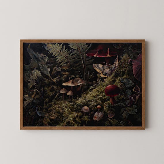 A Moth Resting Among Mushrooms On A Dark Forest Floor Night Poster
