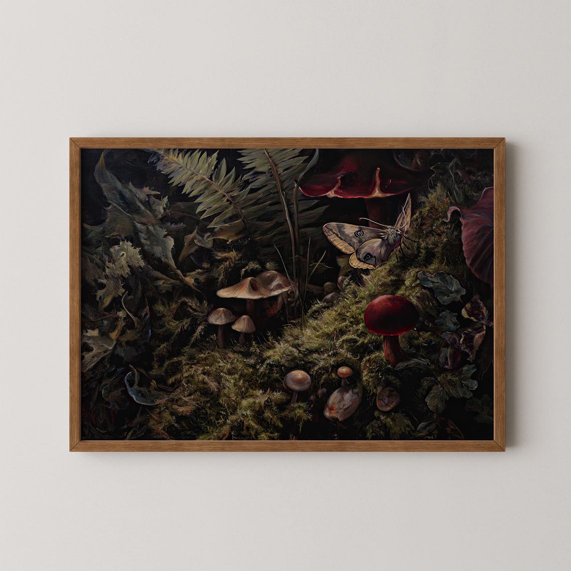 A Moth Resting Among Mushrooms On A Dark Forest Floor Night Poster
