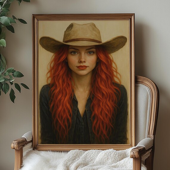 Red Haired Cowgirl Portrait Vintage Western Boho Woman Design Print