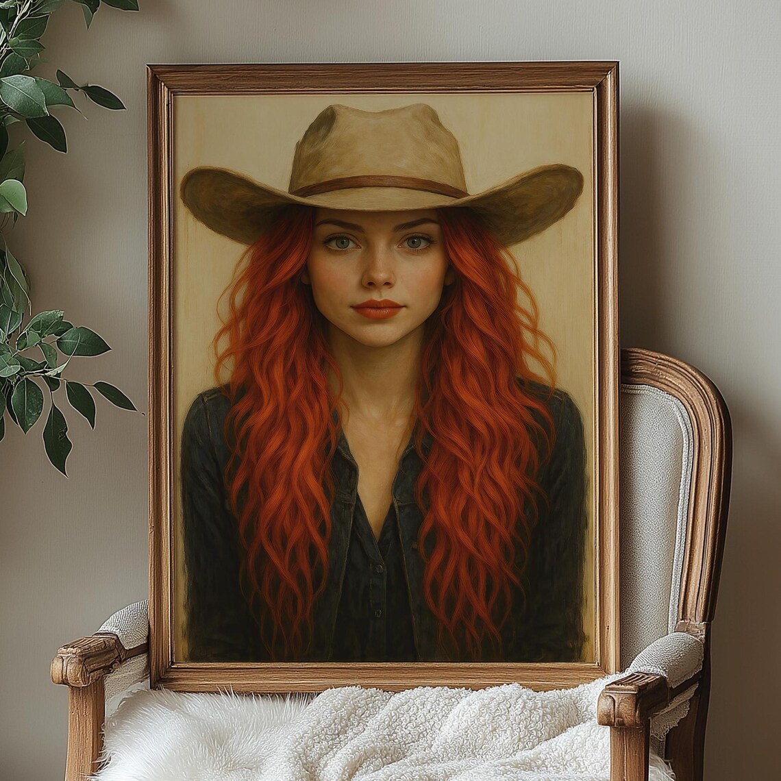 Red Haired Cowgirl Portrait Vintage Western Boho Woman Design Print
