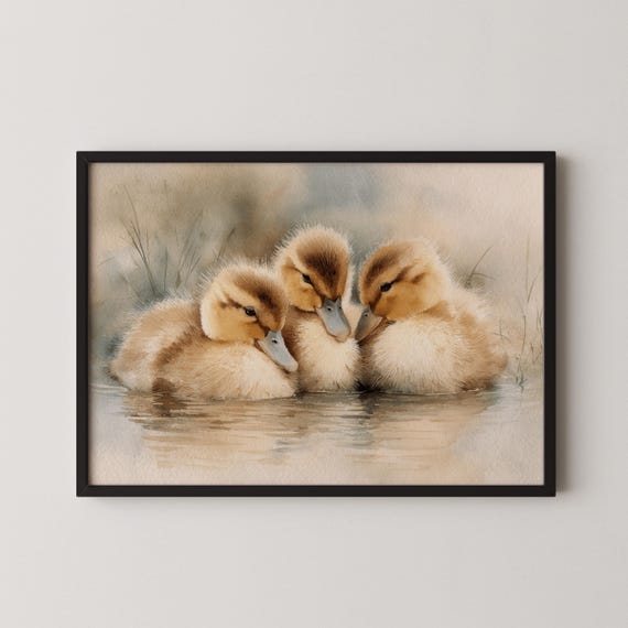 Antique Swan Painting Vintage Neutral Nursery Wall Decor Gift Soft Duckling Family Artwork For Bathroom Or Childs Room