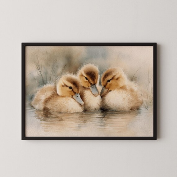 Three Fluffy Ducklings Huddled on Water Soft Watercolor Animal Painting Poster