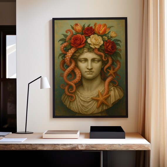 Surreal Greek Bust Print Octopus Tentacles Roses