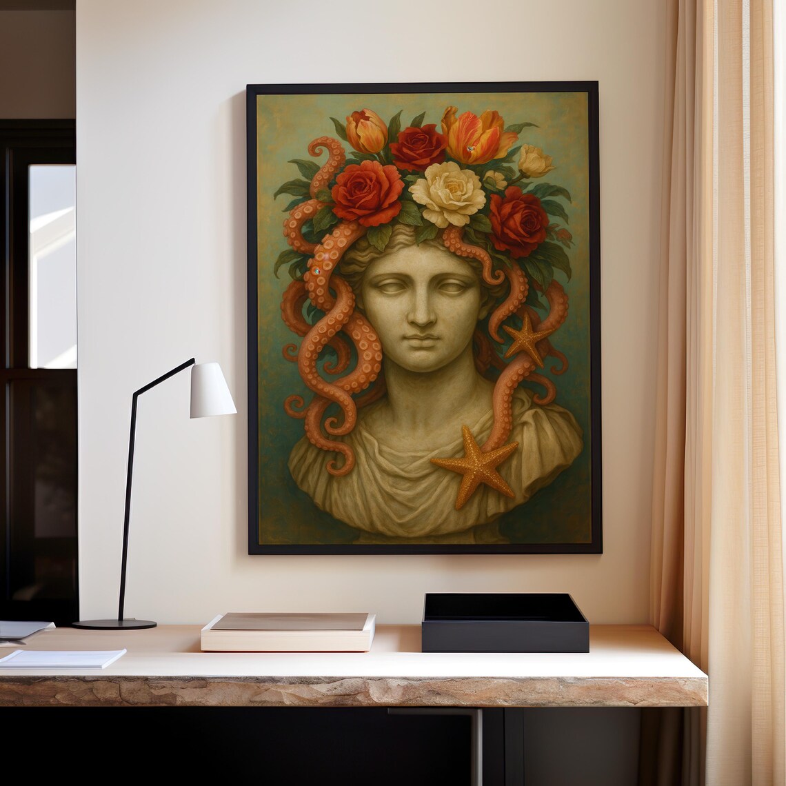 Surreal Greek Bust Print Octopus Tentacles Roses