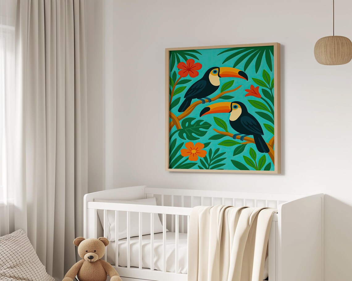 Pair of Toucans on Turquoise Branch Bold Tropical Jungle Poster