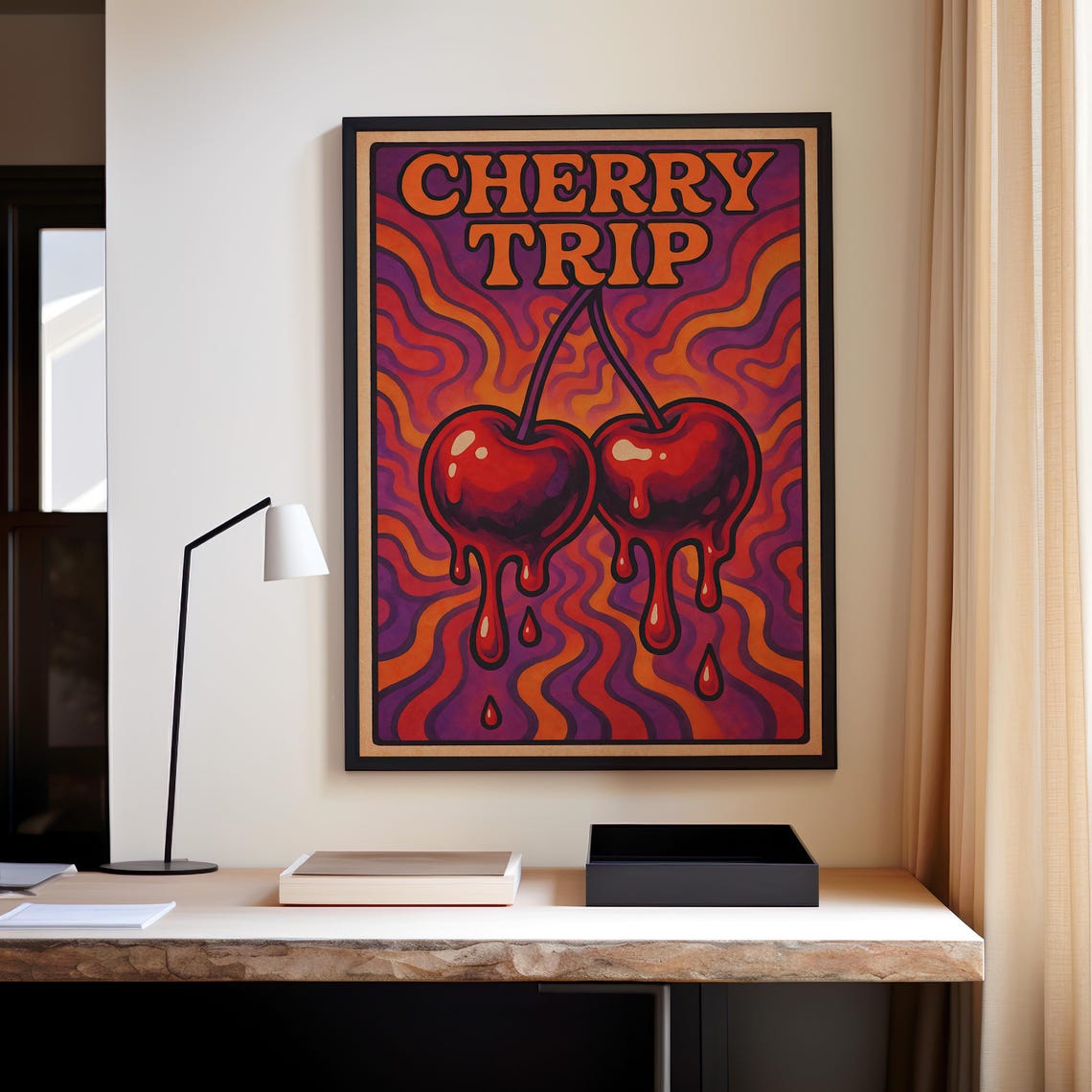 Trippy Cherry Art Print Psychedelic 70s Retro Wall Decor