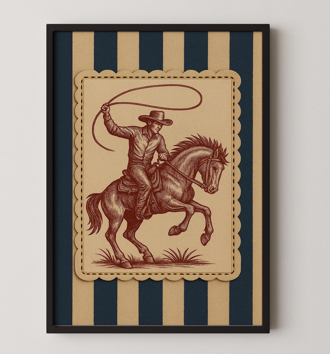 Vintage Cowboy With Lasso On Horse Retro Western Rodeo Art Poster