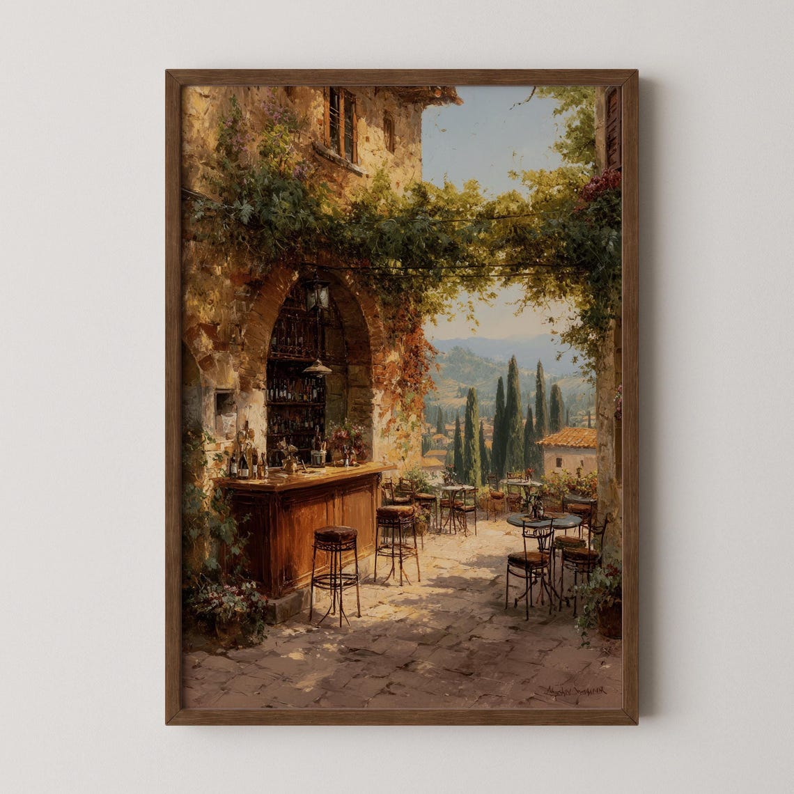Tuscan Courtyard Wine Bar Under Vine Canopy Italy Travel Poster