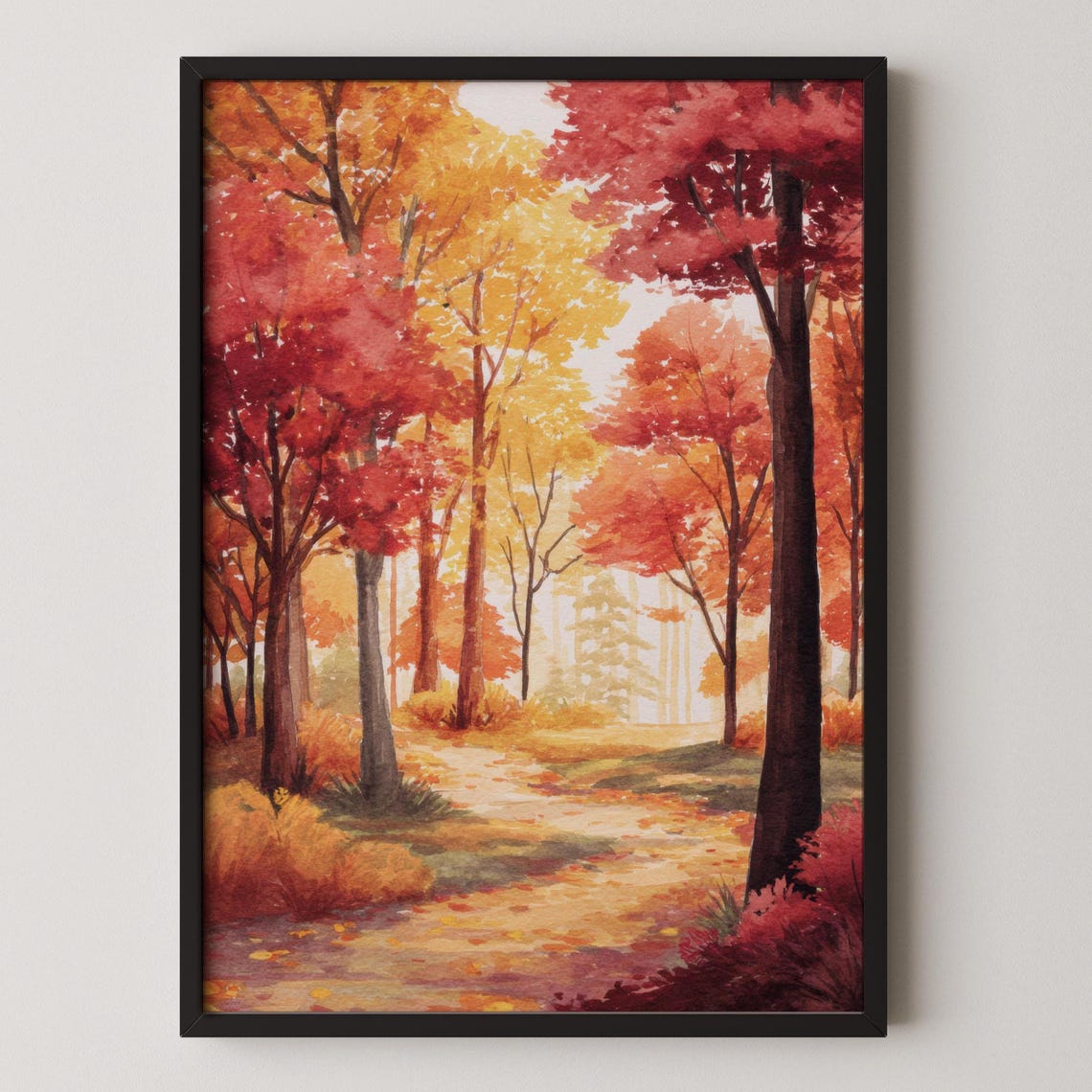 Autumn Forest Path Red Fall Foliage Watercolor Painting Wall Art