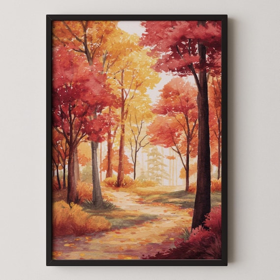 Autumn Forest Path Red Fall Foliage Watercolor Painting Wall Art