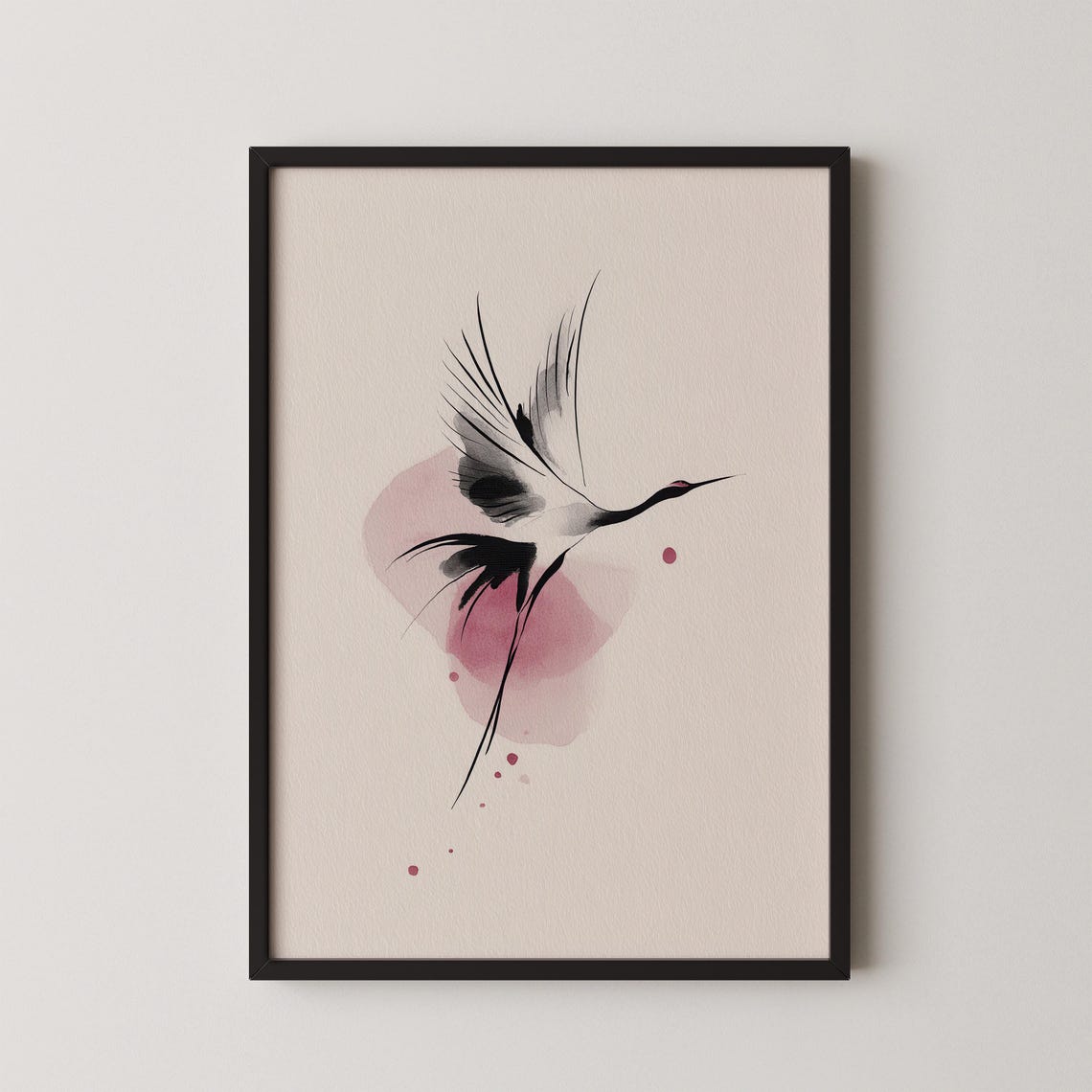 Minimalist Flying Crane Line Art Black Ink Blush Pink Bird Poster