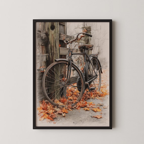 Vintage Bicycle Leaning On Wooden Fence In Autumn Leaves Poster