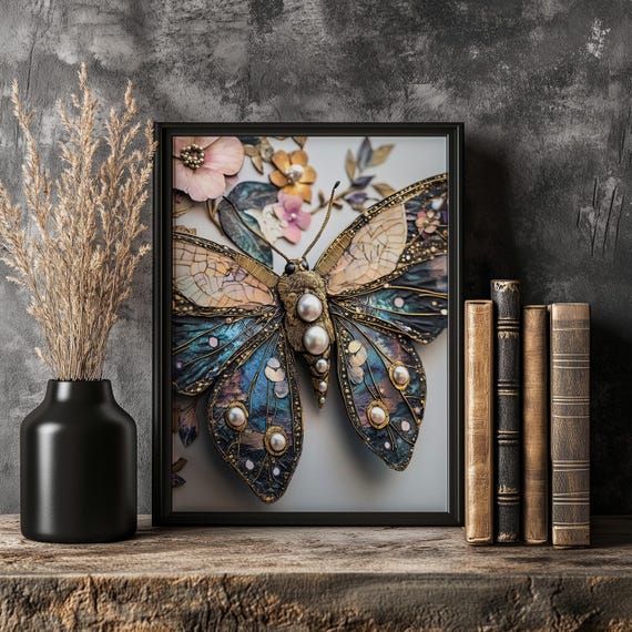 Dark Academia Moth Triptych Gothic Floral Wall Art A024x36