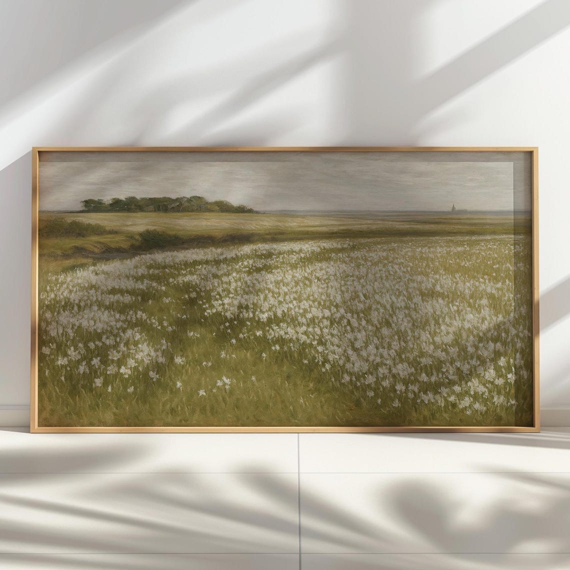 Vintage White Flower Meadow Pastoral Landscape Panoramic Poster