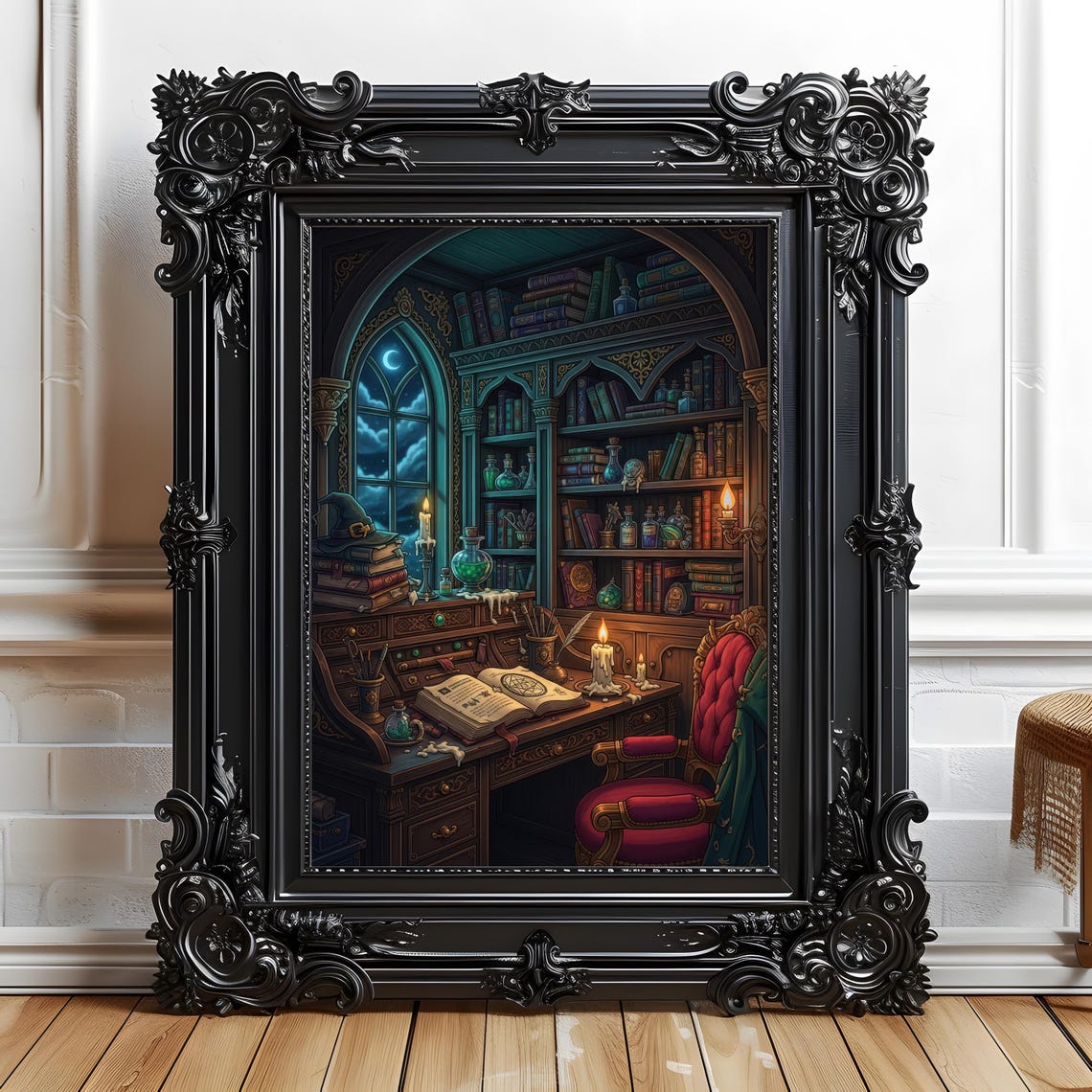 Candlelit Gothic Library with Spellbooks Whimsigoth Study Wall Art
