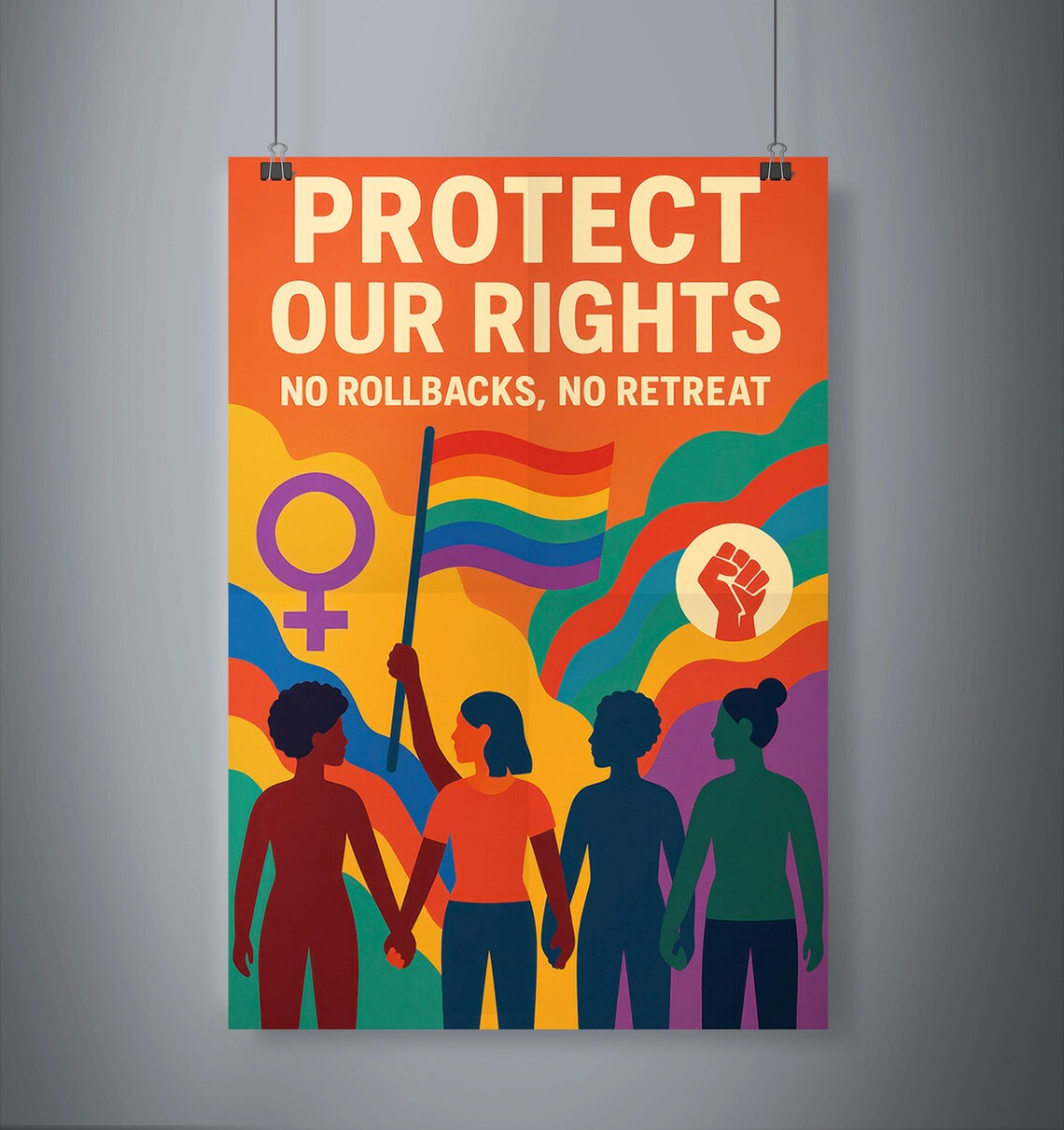 Protect Our Rights Protest Poster with Rainbow Flag and Raised Fist
