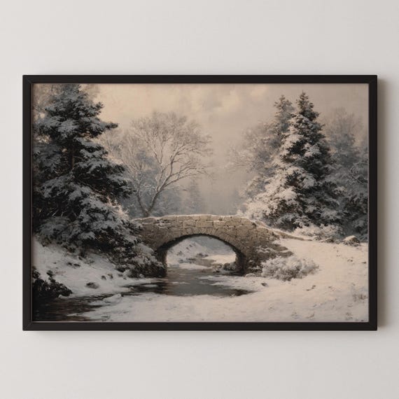 Rustic Winter Bridge Art Print Vintage Farmhouse Landscape