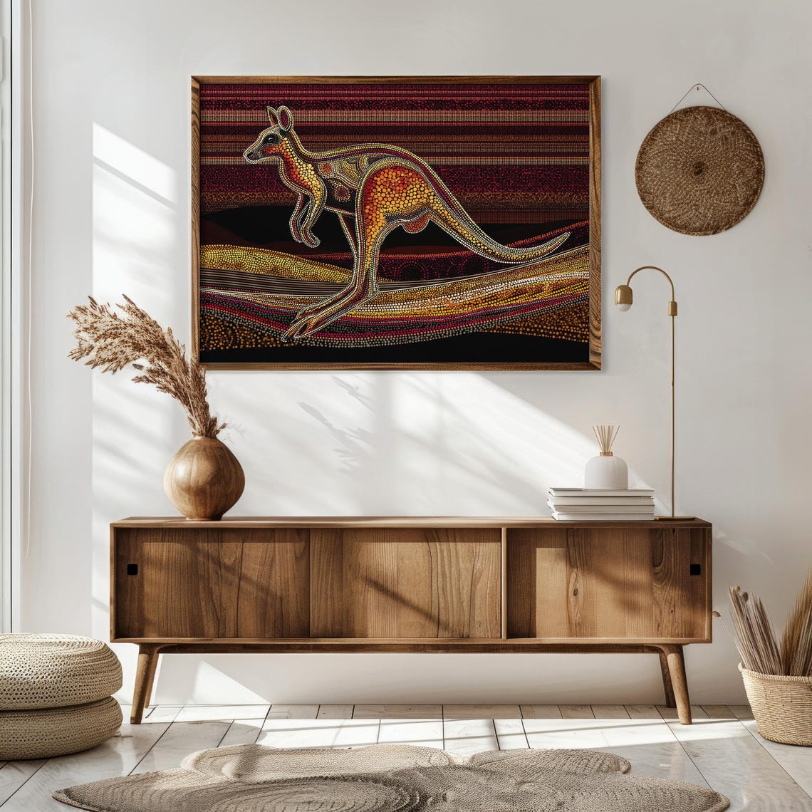 Aboriginal Kangaroo Dot Art Warm Tones Outback Night Sky Poster