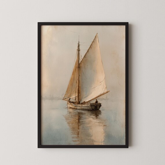 Vintage Sailboat on Calm Misty Water Watercolor Coastal Art Poster
