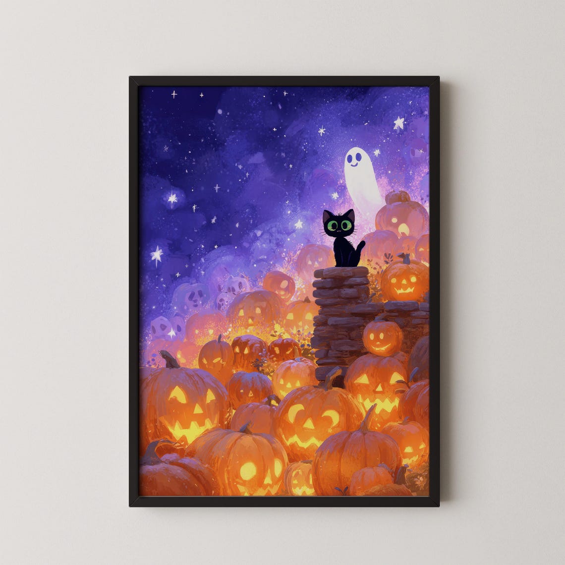 Whimsical Halloween Pumpkin Patch Art Print Friendly Black Cat Wall Decor Spooky Cute