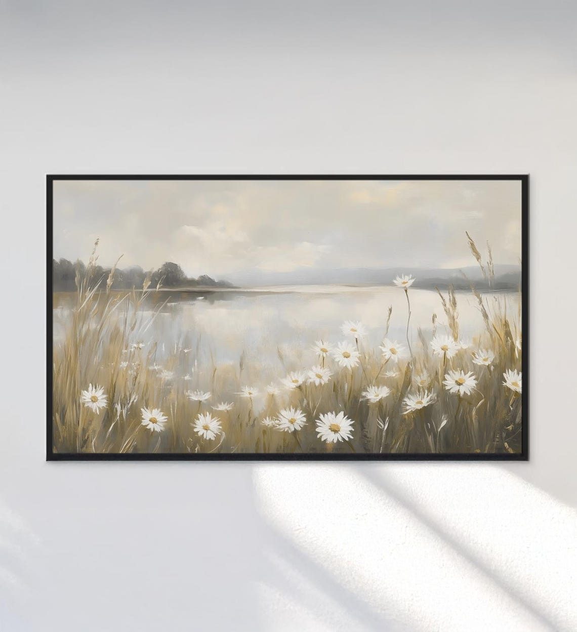 White Daisies By Misty Lake Morning Meadow Panoramic Floral Art Poster - Image 3