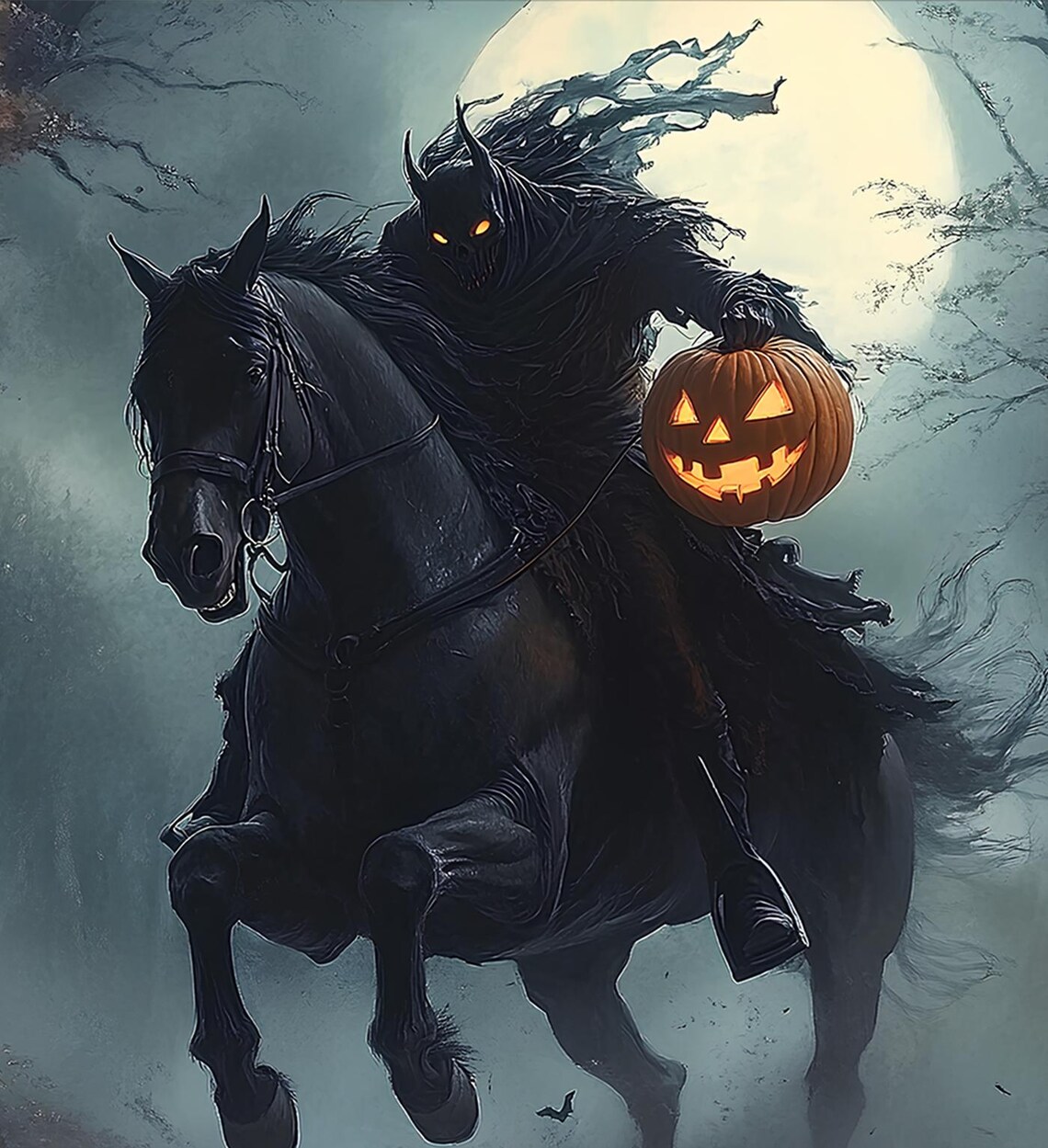 Headless Horseman With Jack O Lantern Dark Forest Halloween Art Print - Image 3