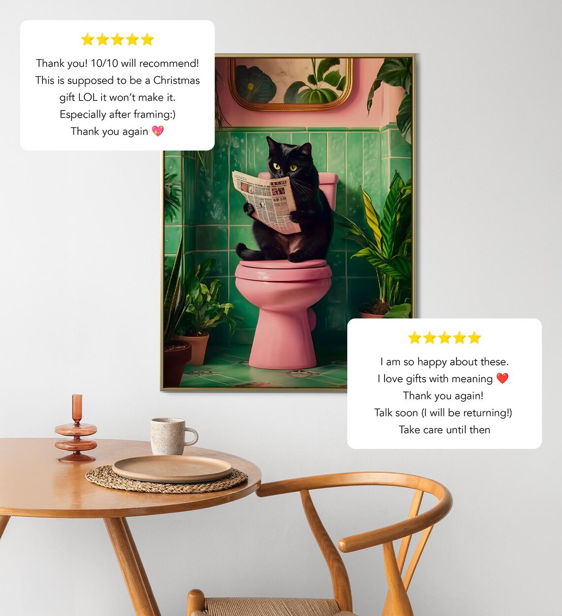 Funny Black Cat Reading Newspaper On Pink Toilet Bathroom Wall Art Poster - Image 2
