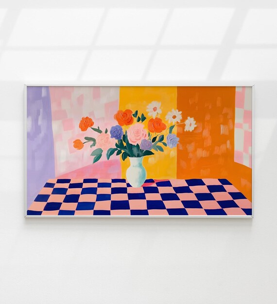 Colorful Flowers Vase Checkered Table Bold Modern Still Life Poster