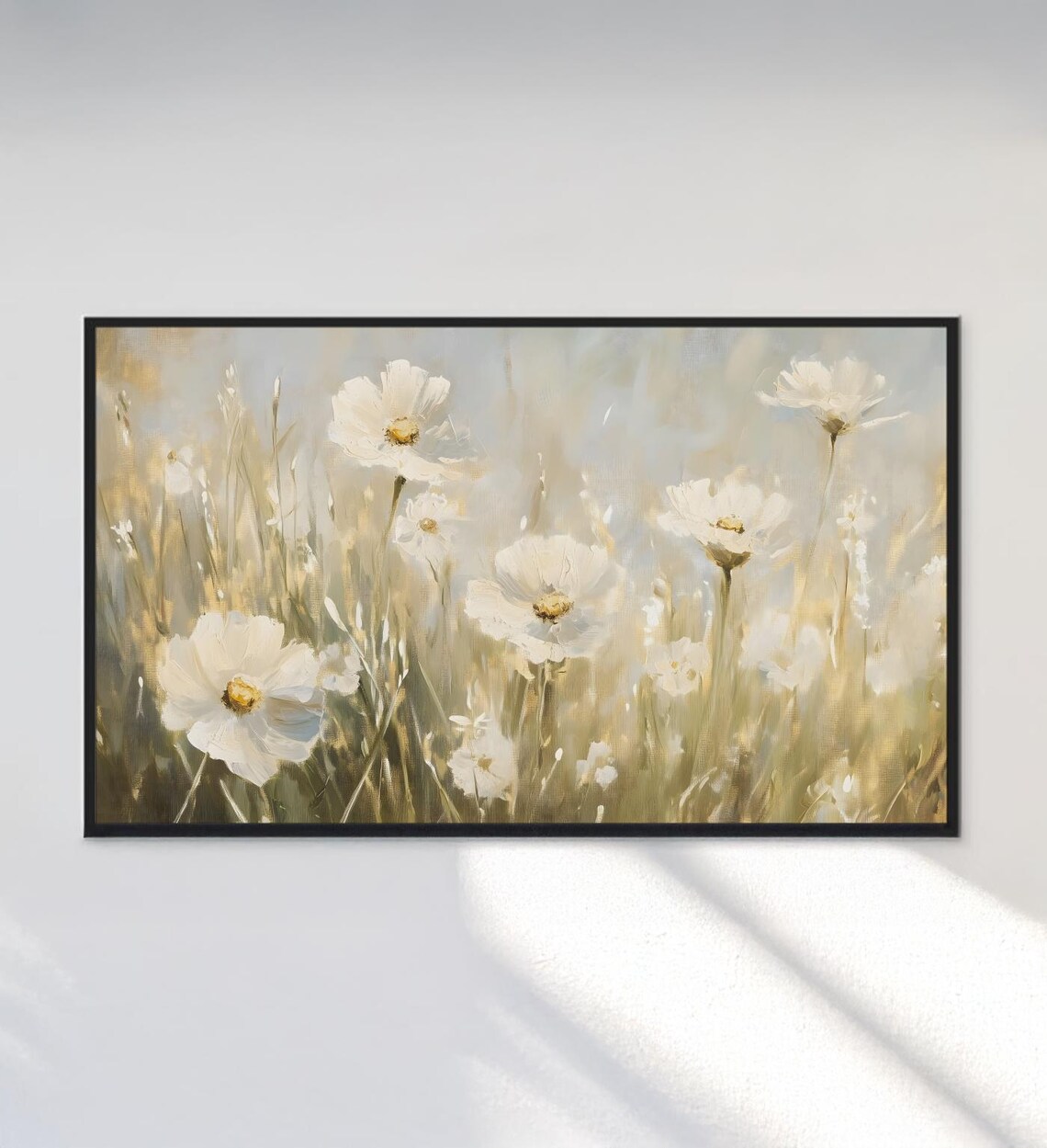 White Cosmos Flowers Golden Meadow Soft Vintage Floral Painting Poster - Image 3