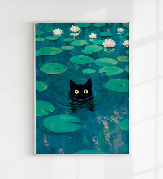 Monet Water Lily Pond Black Cat Peeking Out Funny Cat Art Print Poster