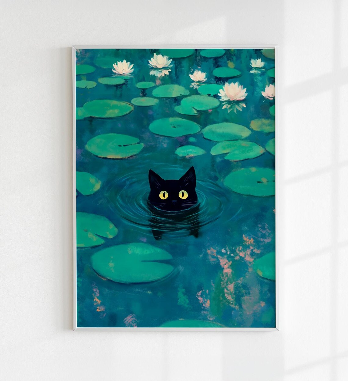 Monet Water Lily Pond Black Cat Peeking Out Funny Cat Art Print Poster
