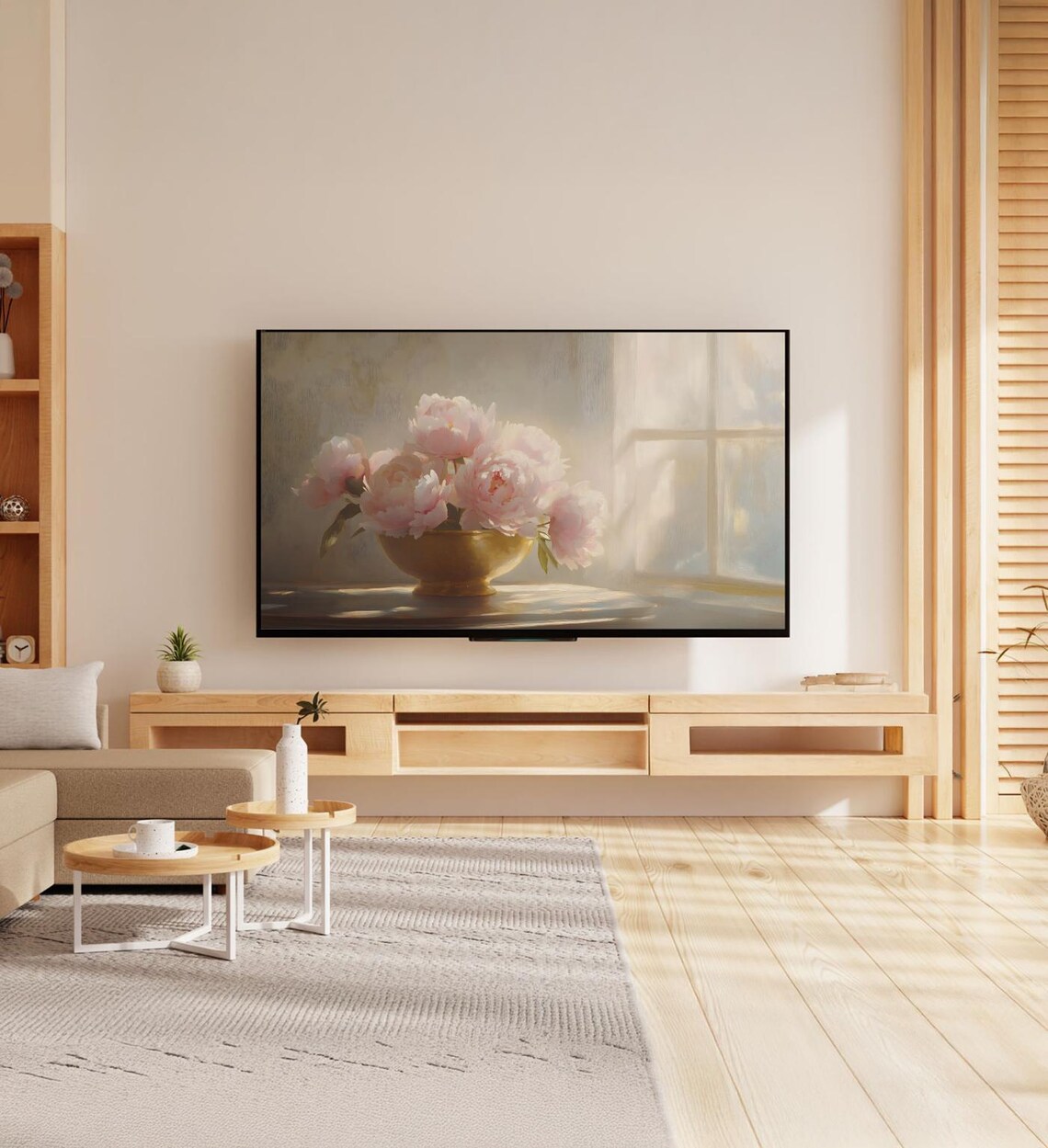 Pink Peonies Golden Bowl Sunlit Window Still Life Painting Poster - Image 7