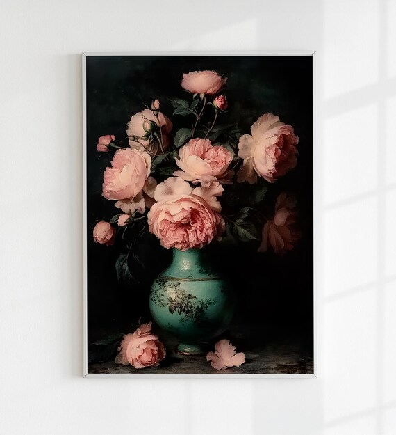 Moody Vintage Flower Print Antique Art Dark Floral Still Life Oil Painting Elegant Wall Decor Timeless Vintage Style For Home