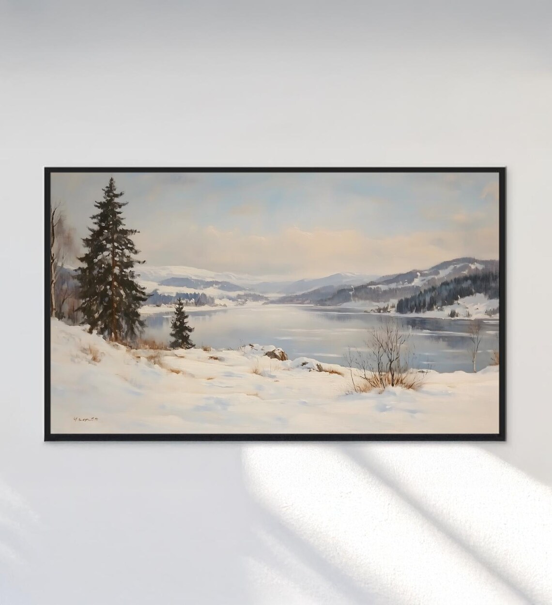 Vintage Winter Lake Snowy Pine Forest Mountains Landscape Art Poster - Image 3