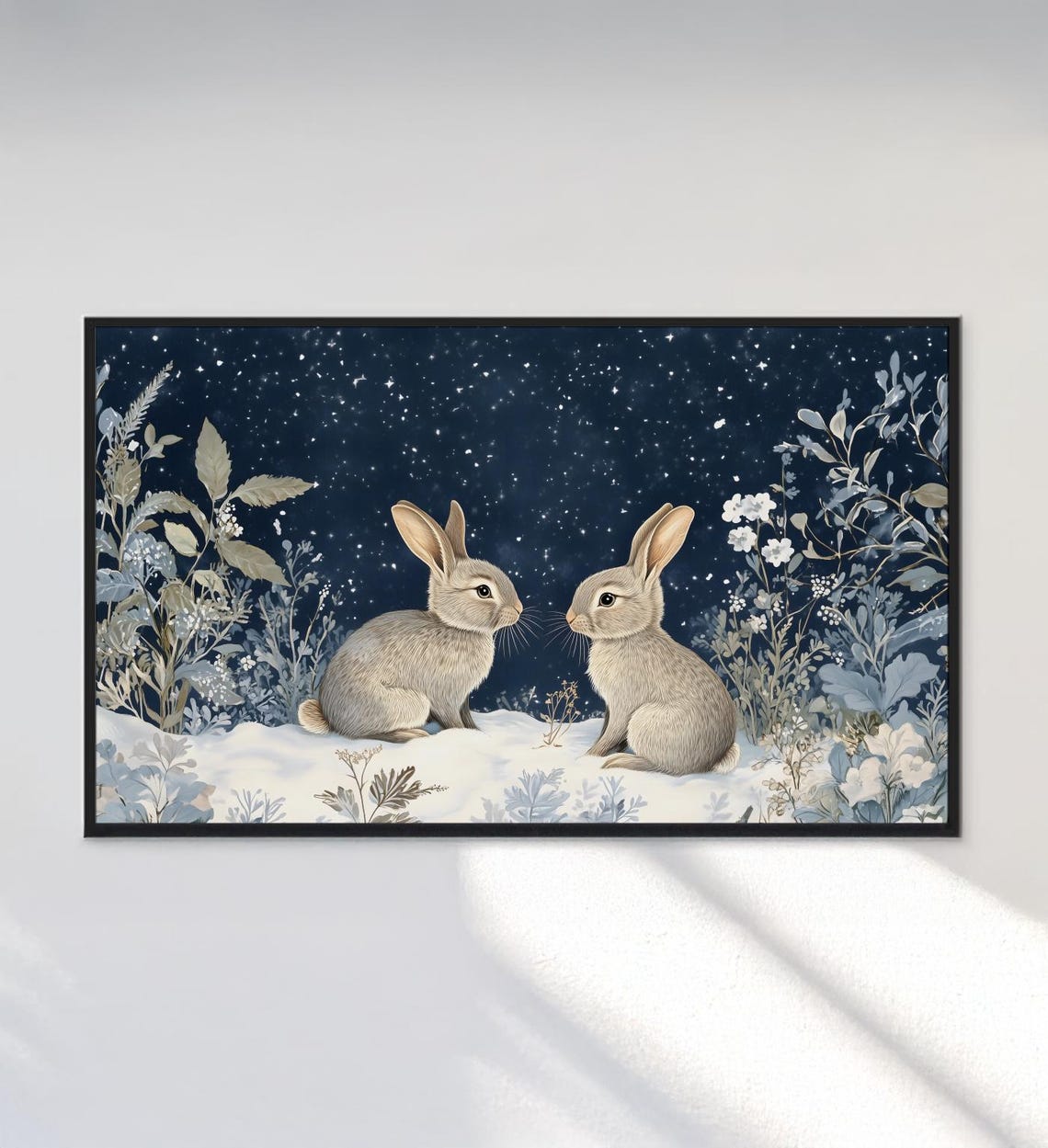 Two Rabbits Winter Night Starry Snow Sweet Bunny Painting Art Poster - Image 3