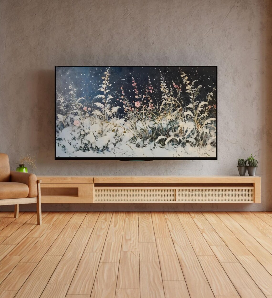 Moody Winter Garden Snow Night Pink Blooms Dark Floral Art Poster - Image 4