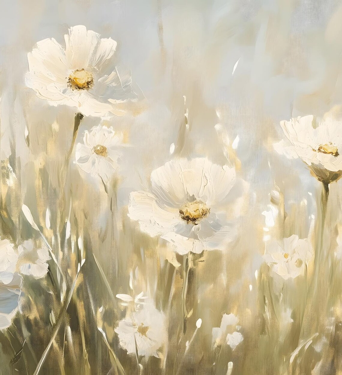 White Cosmos Flowers Golden Meadow Soft Vintage Floral Painting Poster - Image 6
