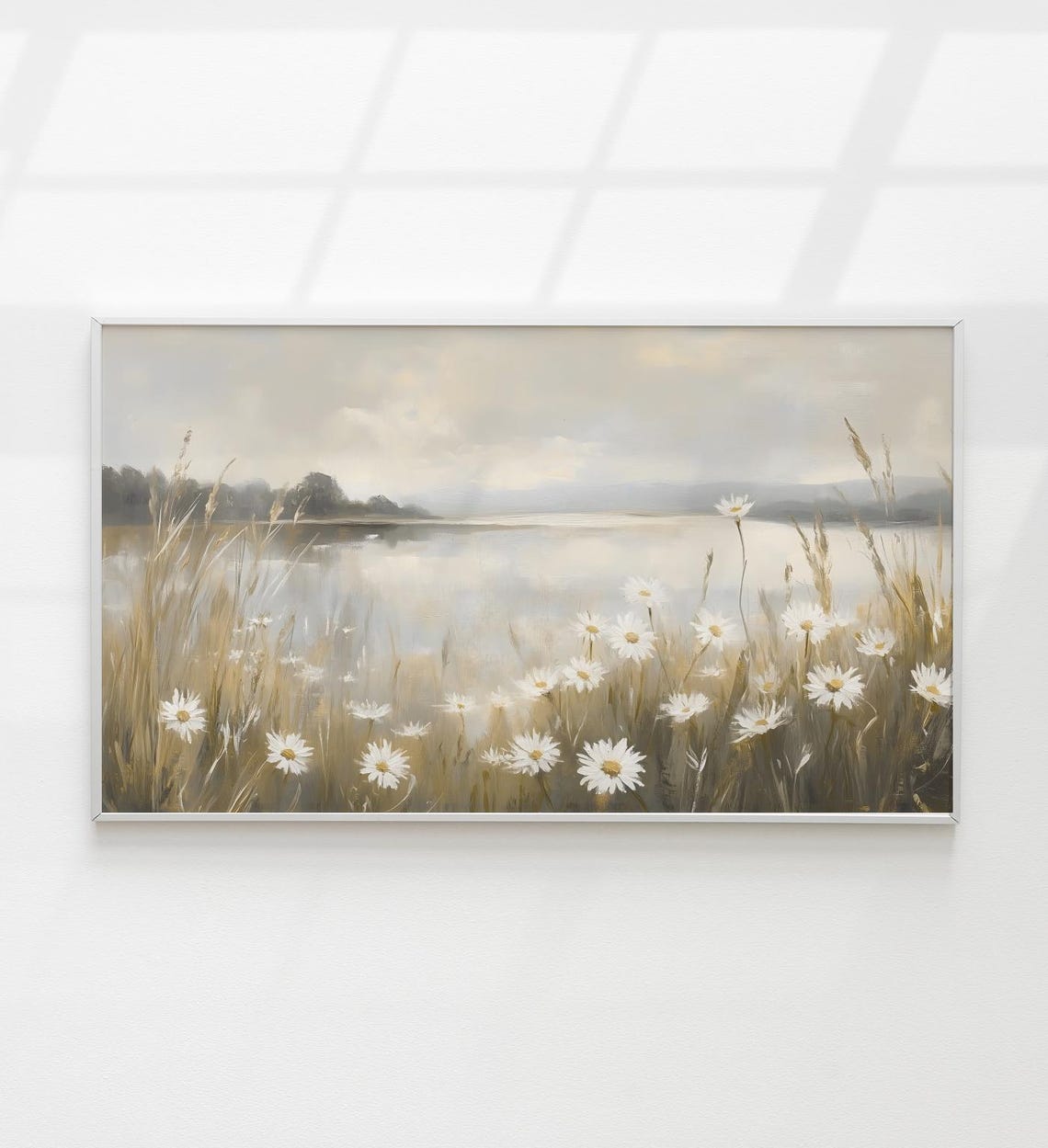 White Daisies By Misty Lake Morning Meadow Panoramic Floral Art Poster