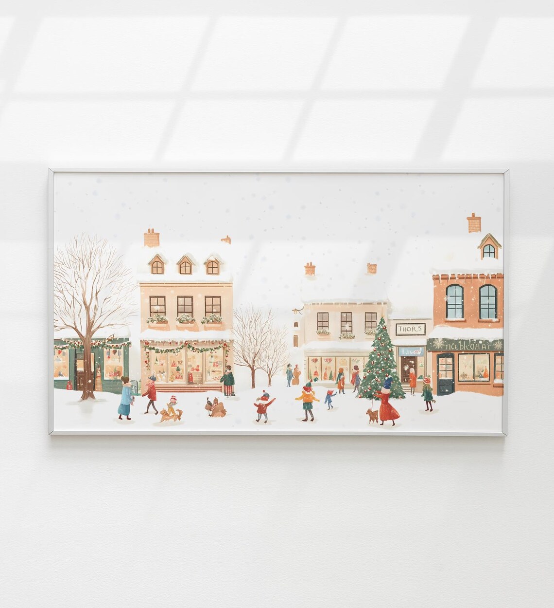 Cozy Christmas Village Street Scene Snowy Shops Holiday Art Poster
