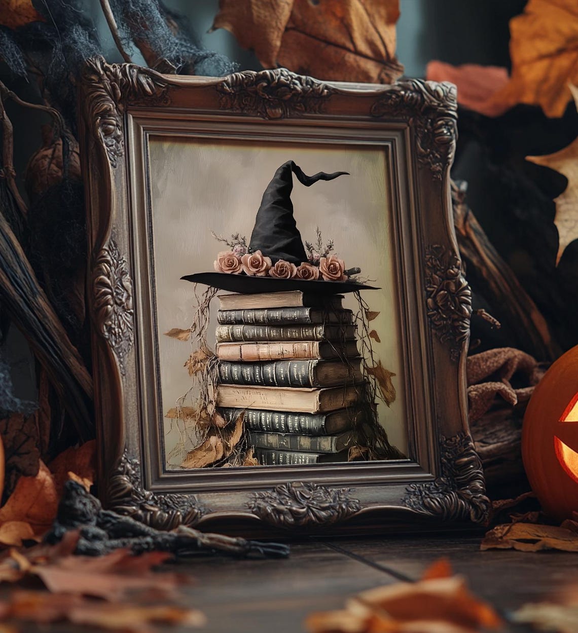 Witch Hat With Roses On Stack Of Vintage Spell Books Halloween Print - Image 5