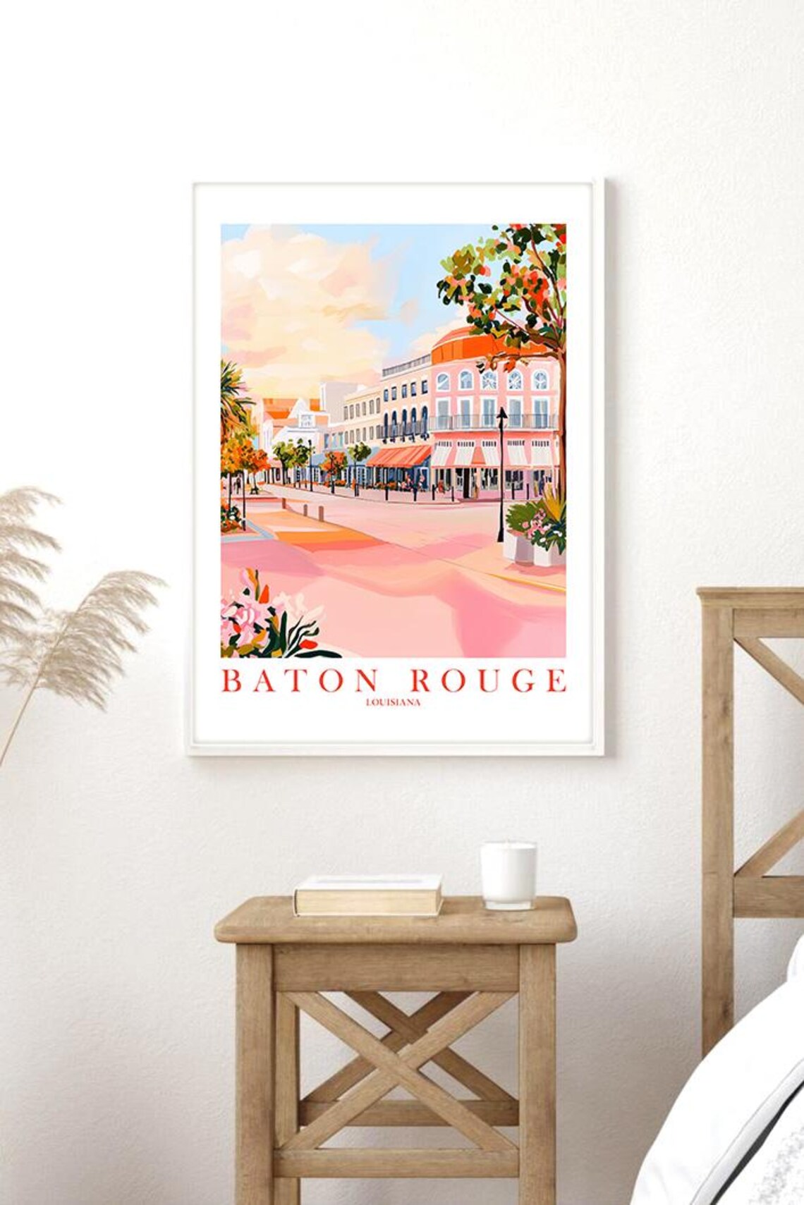 Baton Rouge Louisiana Pink Sunset Downtown Retro Travel Poster