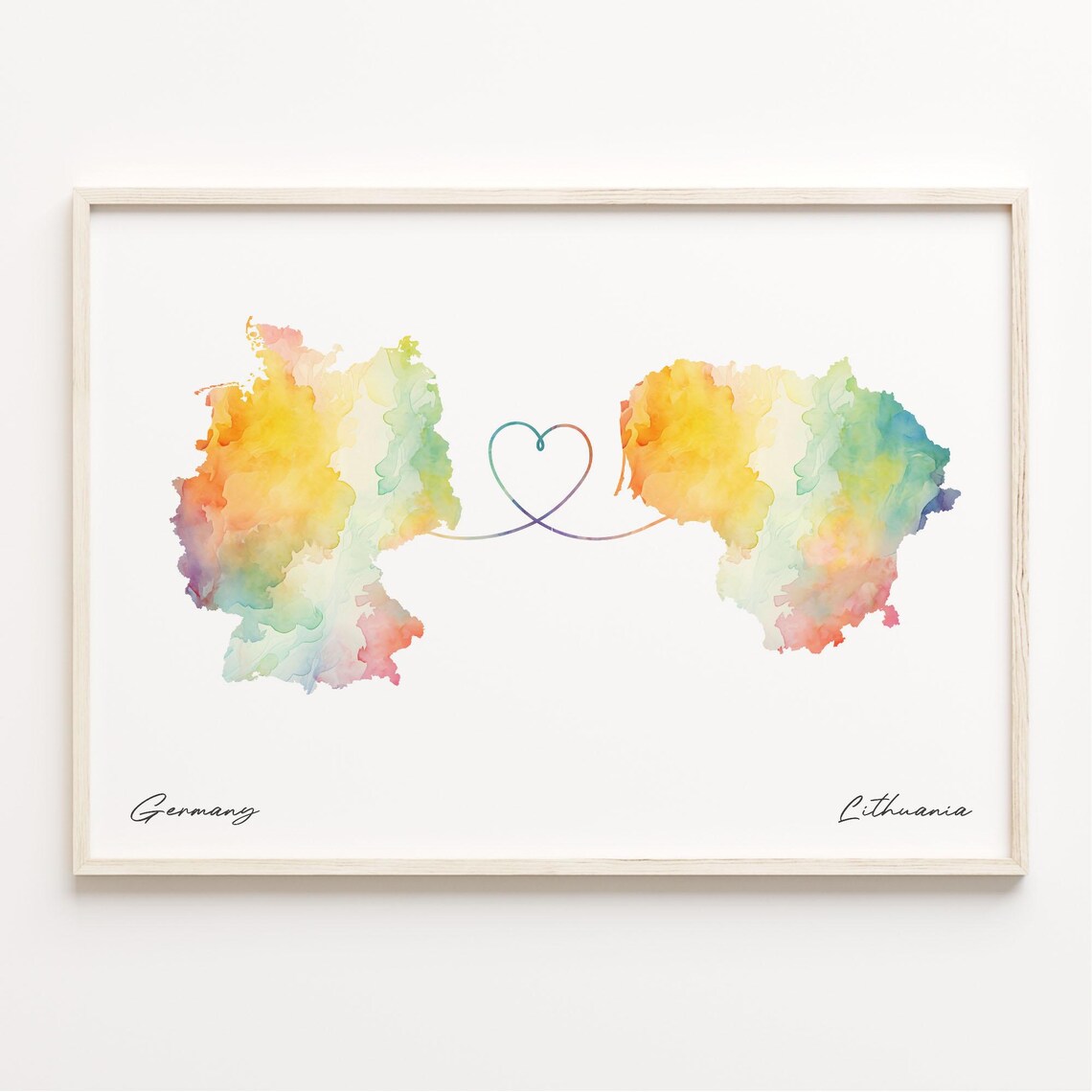 Germany To Lithuania Watercolor Heart Map Long Distance Love Poster