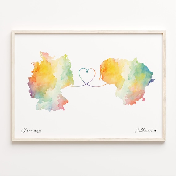 Germany To Lithuania Watercolor Heart Map Long Distance Love Poster