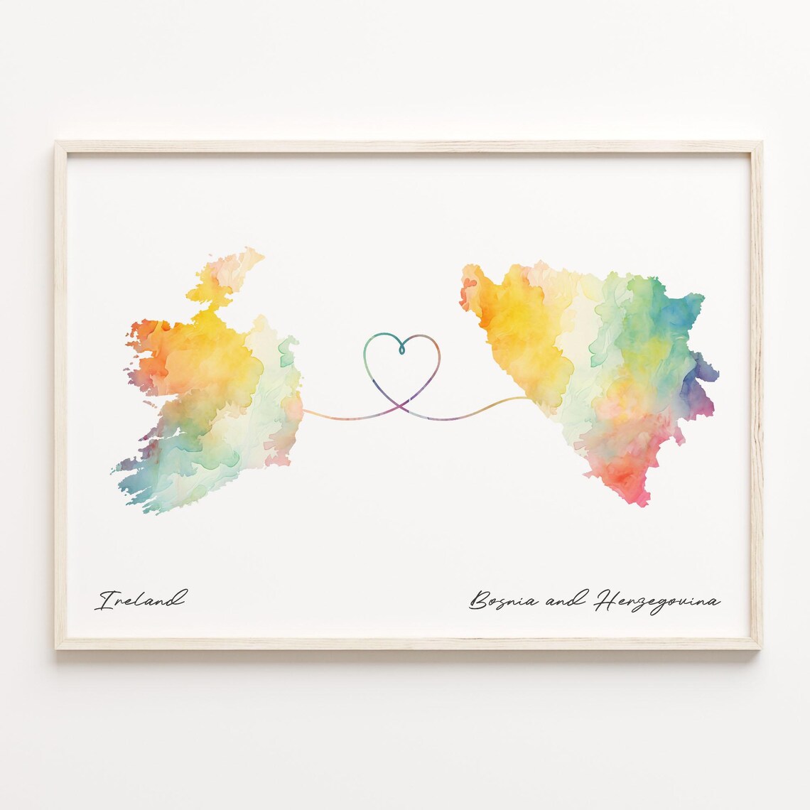 Ireland and Bosnia and Herzegovina Watercolor Heart Map Poster