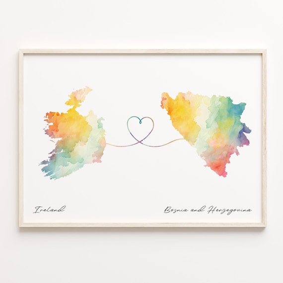 Ireland and Bosnia and Herzegovina Watercolor Heart Map Poster