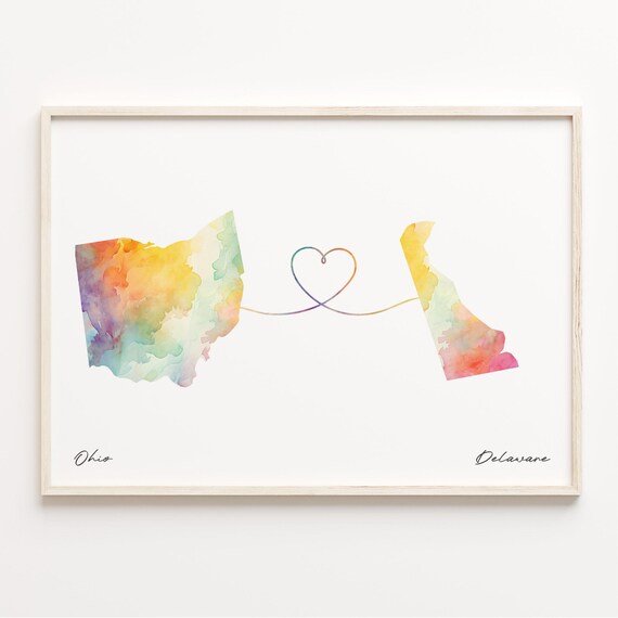 Ohio To Delaware Watercolor Map Heart Connection Long Distance Love Print