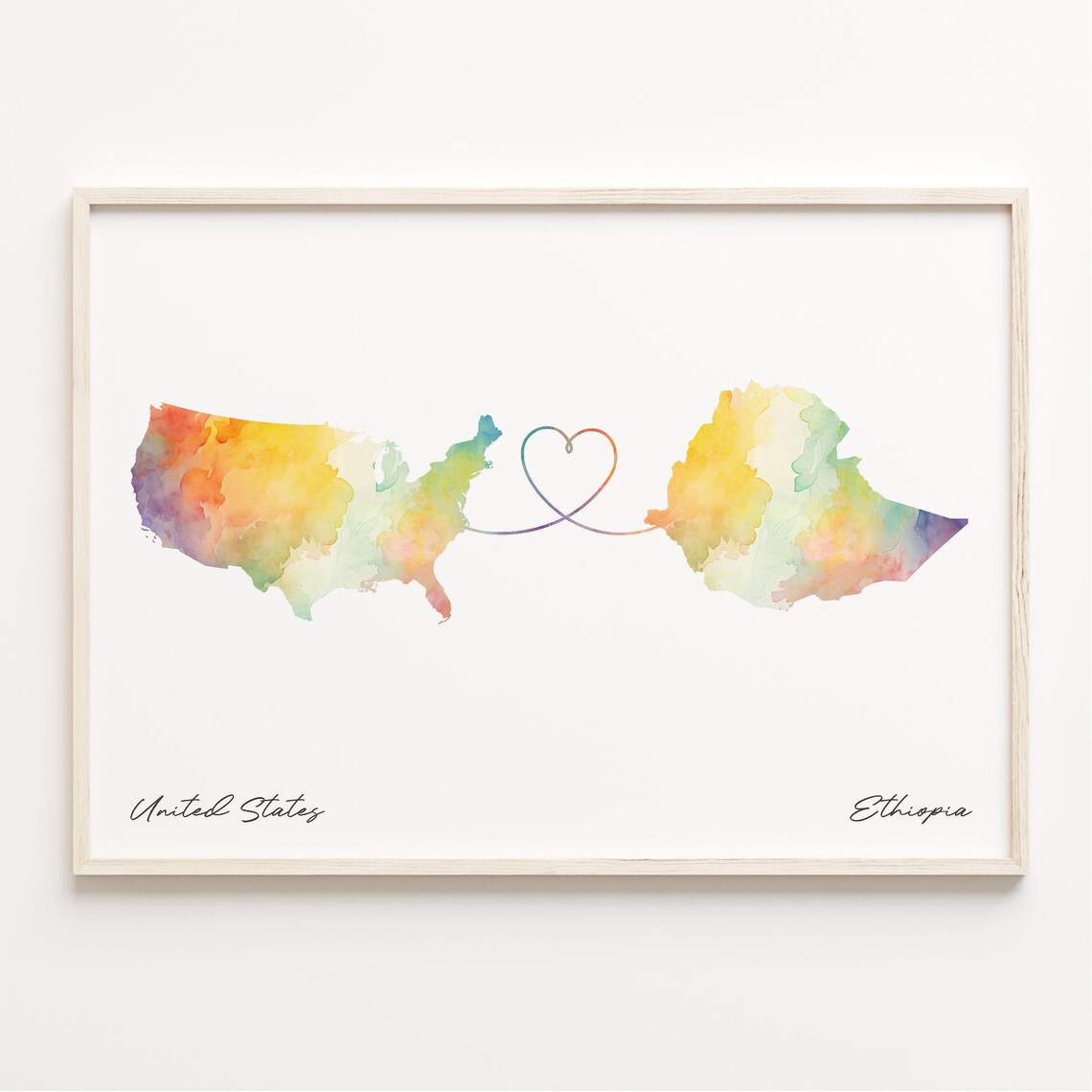 Us to Ethiopia Watercolor Map Poster, Travel Poster